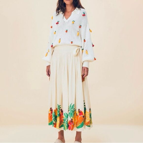 NEW FARM Rio Embroidered Fruits Side Bow Maxi Skirt Beaded Tassels White Size XL - Picture 2 of 16